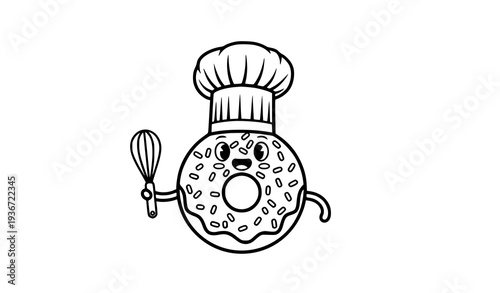 Fun donut chef character black and white line art vector illustration