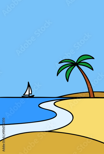 Dibujo sencillo con líneas de un paisaje con la palma en una playa con un barco de vela con olas de mar