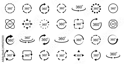 Arrows set. Rotate symbol. 360 degree views. Circle icons set.  Signs with arrows to indicate the rotation or panoramas to 360 degrees. Vector illustration.