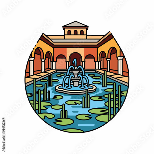 A serene courtyard with a fountain and pond