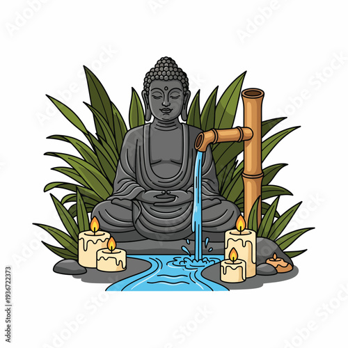 A serene Buddha statue with water flowing from bamboo surrounded by candles