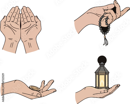 Hands praying, holding prayer beads, giving charity coin, and a lantern for Ramadan