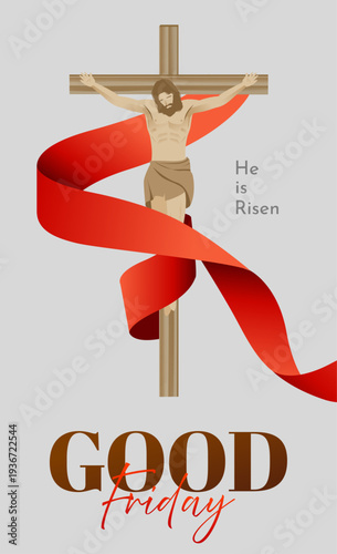 Good Friday Religious Poster with Jesus on the Cross and Red Ribbon Christian Faith Illustration