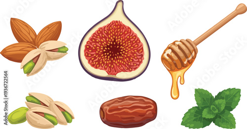 Healthy middle eastern food collection with fig date honey pistachio almond and mint leaves on transparent background design