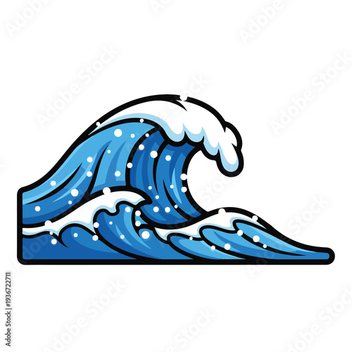A stylized blue ocean wave with white foam