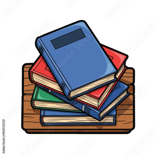 A stack of colorful books on a wooden table
