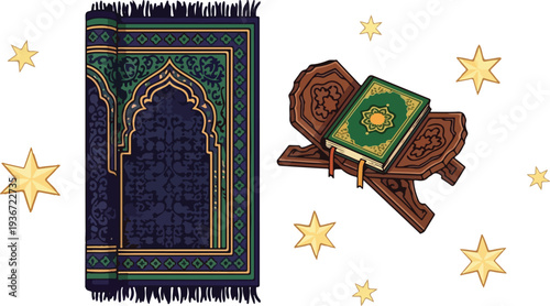 Islamic prayer rug and holy book quran on wooden rehal surrounded by golden stars for ramadan eid celebration