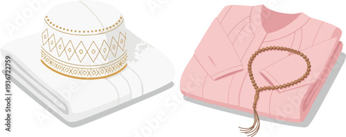 Islamic prayer set with white skullcap and pink tunic plus prayer beads on transparent background for ramadan religious