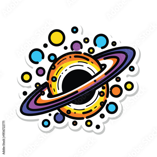 A vibrant cartoon illustration of a planet with rings surrounded by colorful floating bubbles