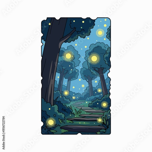 A serene forest path at dusk with fireflies