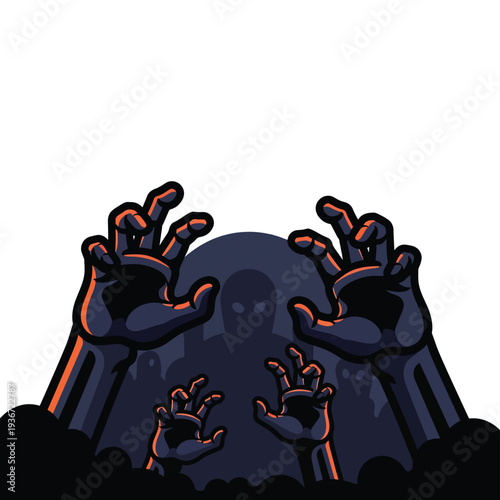 A spooky graphic of zombie hands and skull