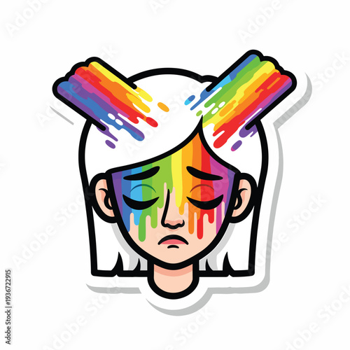 A sticker of a white-haired person with rainbow makeup