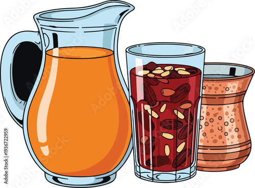 Pitcher of orange juice, glass of water with dates and nuts, and another beverage container