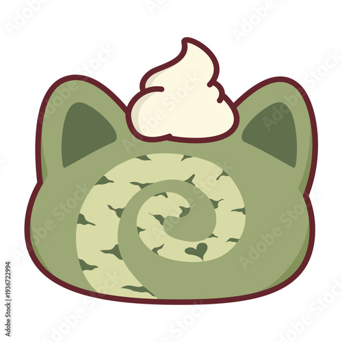 Matcha green tea roll cake in cat shape with cream topping