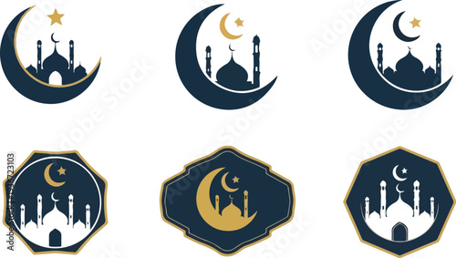 Ramadan kareem vector set, crescent moon and mosque, islamic greeting, muslim holiday design elements