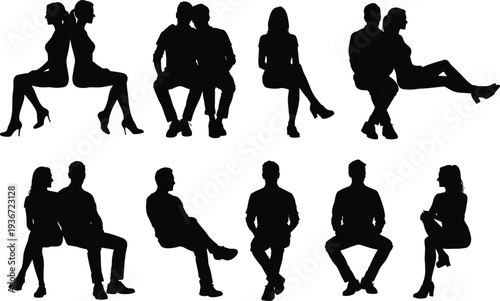 Black silhouette illustration of eight pairs of people sitting in diverse poses, emphasizing companionship, interaction, body language, social behavior, posture study, and minimalist design concept.