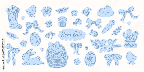 Easter sticker set in coquette style with hand drawn blue line illustrations. Cute bunnies, bows, ribbons, flowers, leaves, basket and eggs. Vector whimsical doodle elements.