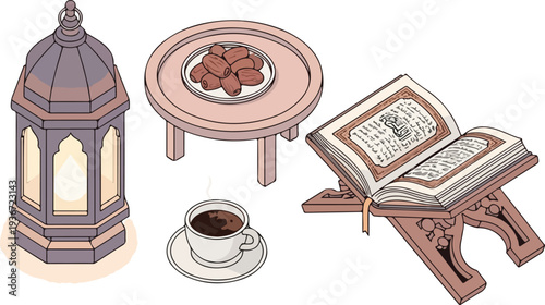 Ramadan lantern with dates on table cup of coffee and holy book for iftar meal and spiritual reading during holy month