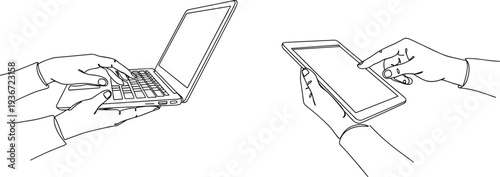 Hands using laptop and tablet line art illustration, digital device outline drawing, modern technology usage concept, minimal vector sketch for remote work, touchscreen design