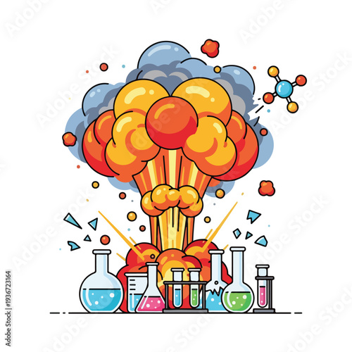 Colorful cartoon illustration of a chemistry lab explosion