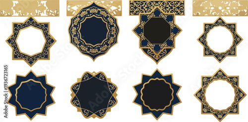 Set of eight golden and blue islamic frames with intricate patterns isolated on transparent background