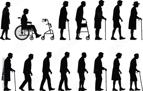 Black silhouette illustration of elderly individuals in diverse postures using wheelchair, walker, rollator, and canes, symbolizing aging, mobility aids, 