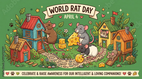 Colorful illustration of rats in village celebrating world rat day on april 4 with houses and cheese
