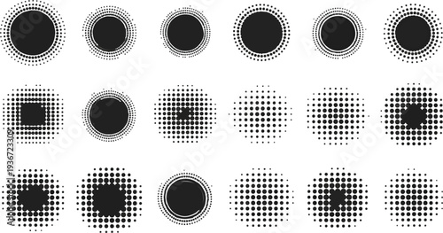 Set of halftone effect vector circles and squares, radial dots pattern, gradient halftone squares, dot vector