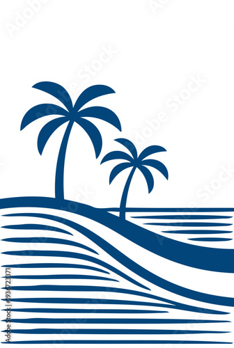 Logo agencia de viajes. Vacaciones de verano. Dibujo sencillo con líneas de la palma en una playa con olas de mar