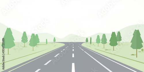 Empty asphalt road through green forest and mountains under summer sky