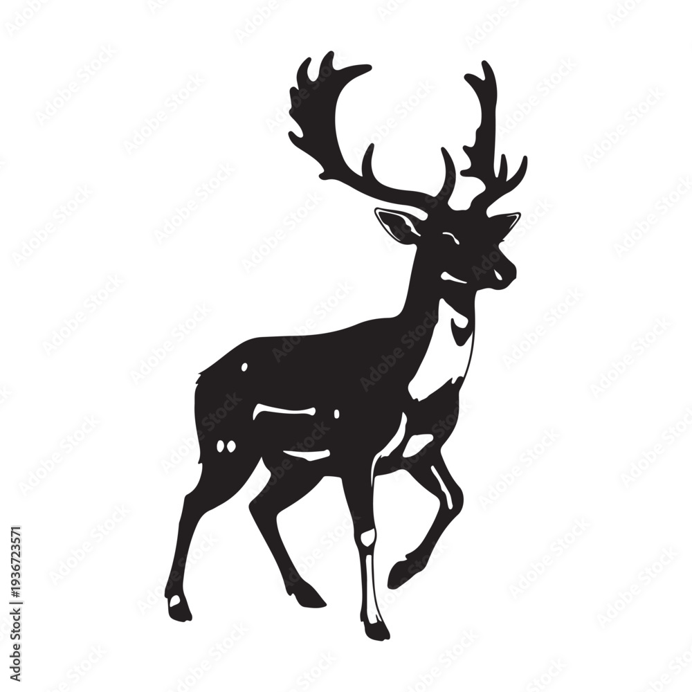 Fototapeta premium A black silhouette of a deer with large antlers on a white background