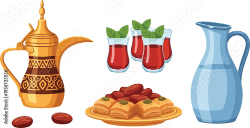 Traditional arabic coffee pot with dates and tea glasses and jug