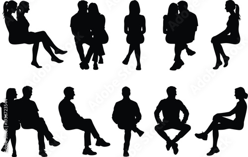 Black silhouette illustration of ten people sitting in various poses, arranged in two rows, emphasizing human posture, interaction, companionship, social behavior, and minimalist design concept.