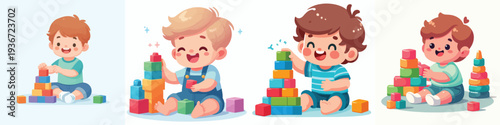 Vector of a little boy building blocks. Vector, flat, illustration, minimalist, icon, icon set