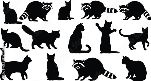 Black cat and raccoon silhouette collection set with domestic pets and wild animals sitting and walking isolated on white background