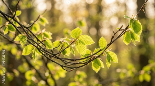 Close-up of fresh green beech leaves on a branch in spring light