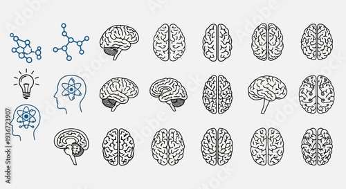 Collection of brain illustrations and scientific symbols for neuroscience