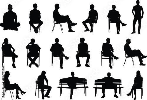 Silhouette illustration of sixteen individuals in seated and standing postures arranged in rows, emphasizing human ergonomics, posture study, seating design, social behavior, and minimalist concept.