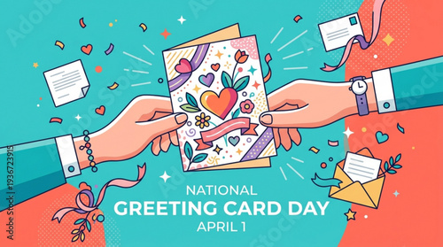 Hands exchanging greeting card on national greeting card day with colorful confetti and hearts