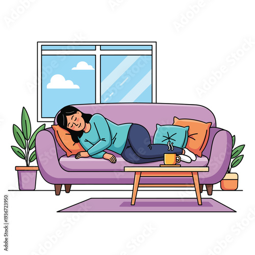 A woman sleeps on a purple couch