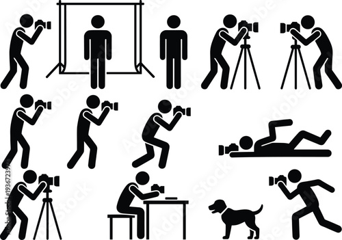 Silhouette illustration of photographers in diverse poses using cameras, tripods, and studio setups, capturing people, animals, and objects, representing  