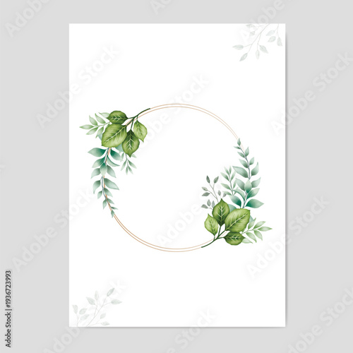 wedding invitation card template with green leaf watercolor on white background