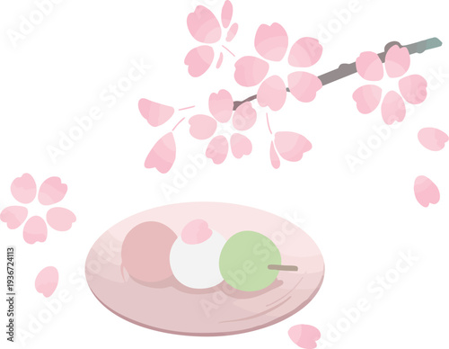 桜の枝と花見団子の和風イラスト 春の和菓子