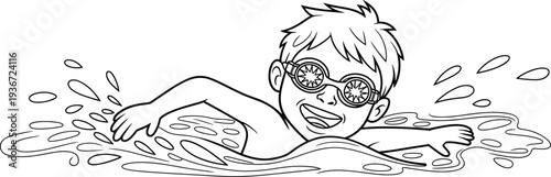 Happy boy swimming with goggles, splashing water, child enjoying swim, summertime fun, water sports, pool activity, kid swimming fast, playful child