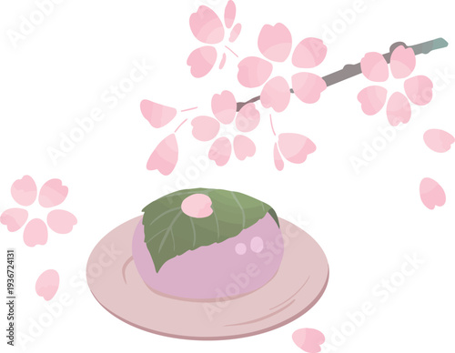 桜餅と桜の枝の和風ベクターイラスト　皿にのった春の和菓子と桜の花