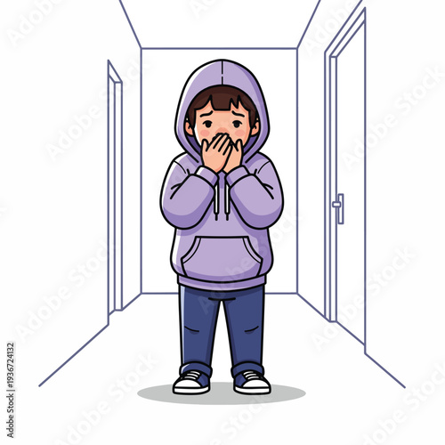 A young person in a hoodie covering their mouth in a hallway