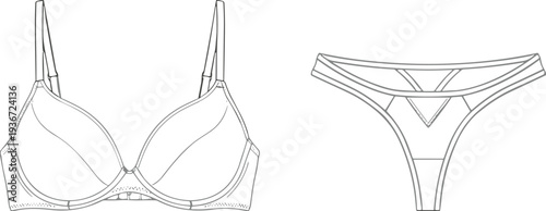 Technical fashion sketch illustration of lingerie set including bra and thong, showing seam lines, straps, underwire construction, garment design details, and apparel industry concept.