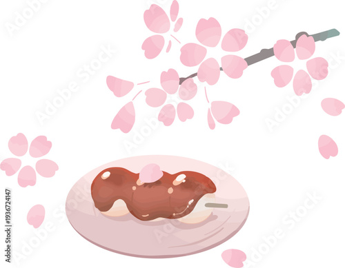 桜の枝とみたらし団子の和風イラスト 春の和菓子