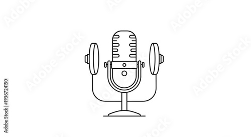 Podcast Microphone with Attached Headphones on Stand, Isolated White Background