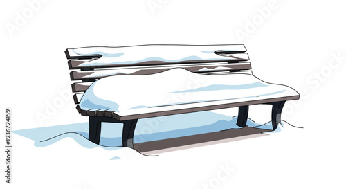 Wooden Park Bench Covered with Fresh Snow in Winter Landscape